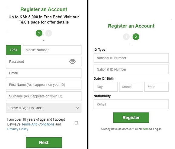 Betway Kenya registration form