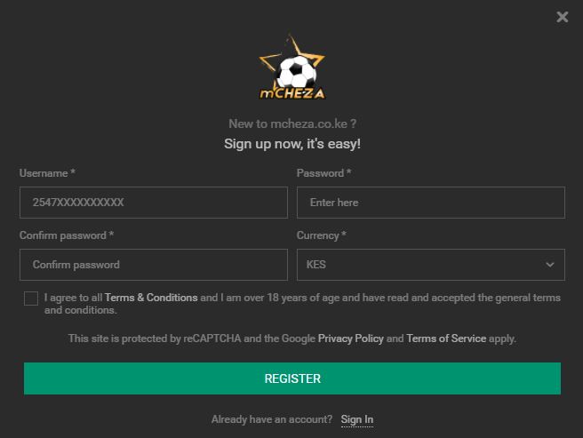 mCHEZA casino registration process