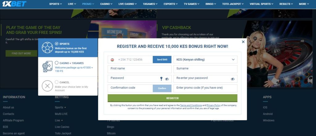 1xBet Kenya casino registration form